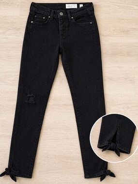 rag & bone Black Skinny Jeans High Rise Ankle Tie Hem Distressed Chic Staple 26